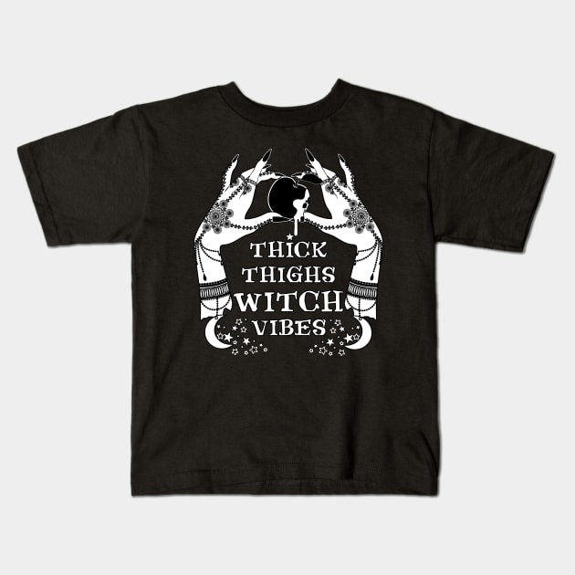 Thick Thighs Witch Vibes Halloween Kids T-Shirt by PunnyPoyoShop